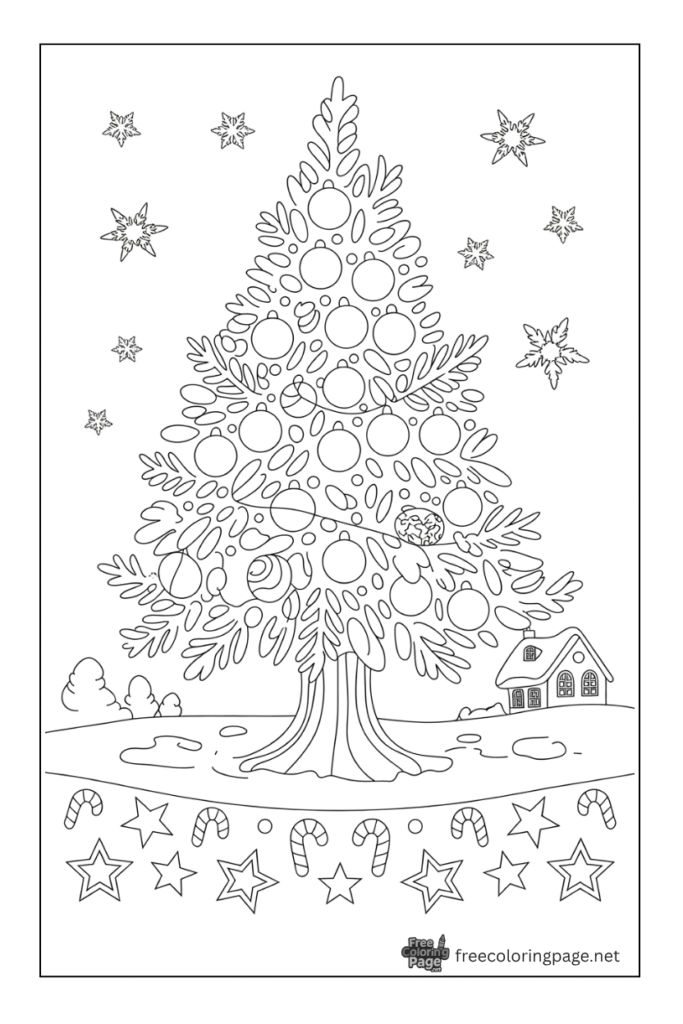 coloring page of decorated christmas tree