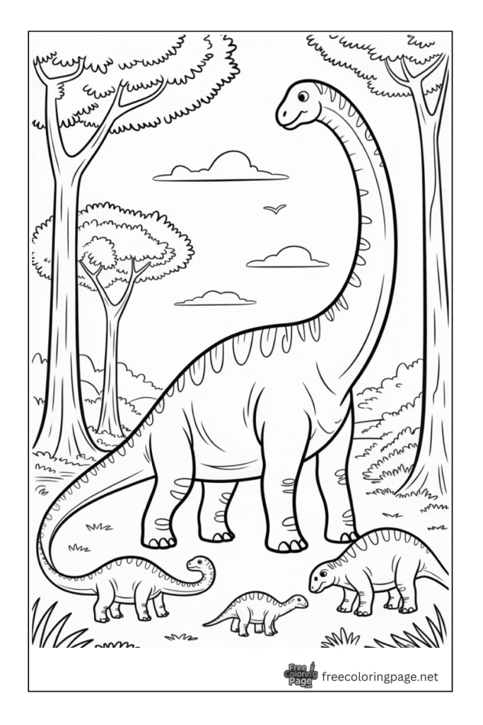 coloring page of brachiosaurus in jungle
