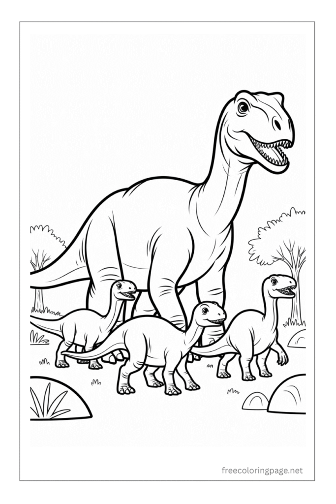 coloring page of  dinosaur with baby dinosaurs