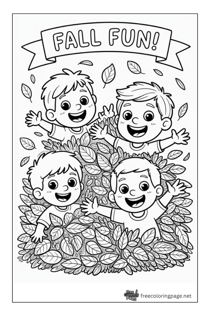 coloring page of autumn leaves pile with kids
