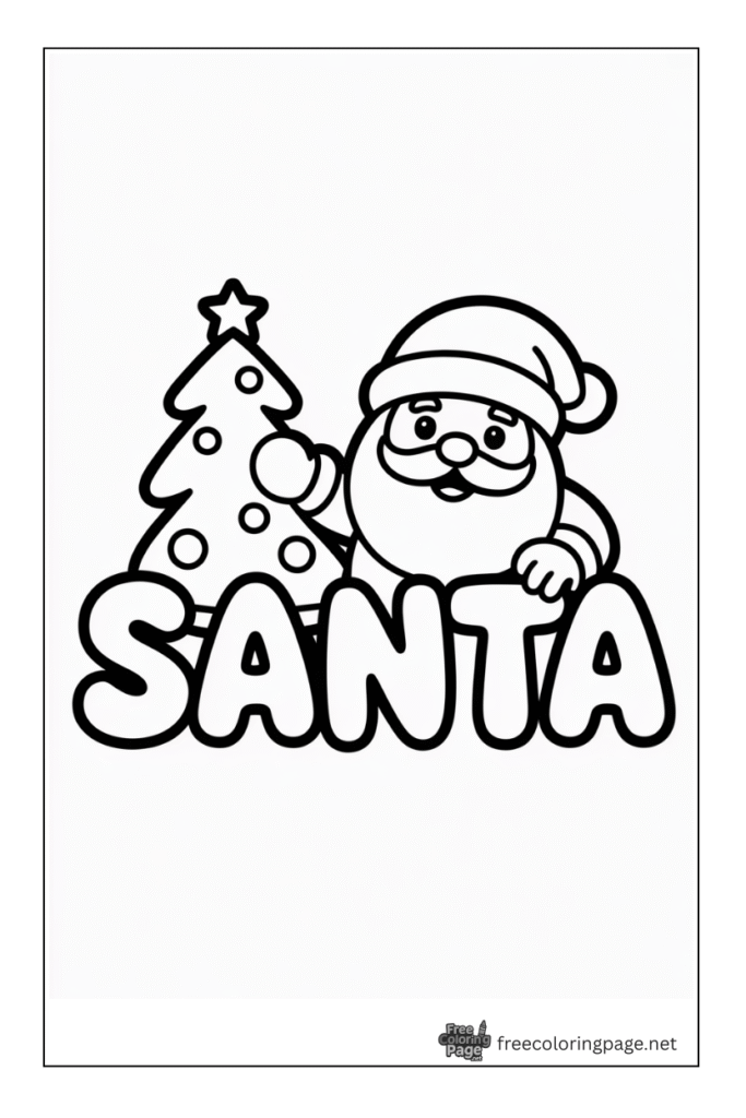 coloring page of santa with christmas tree