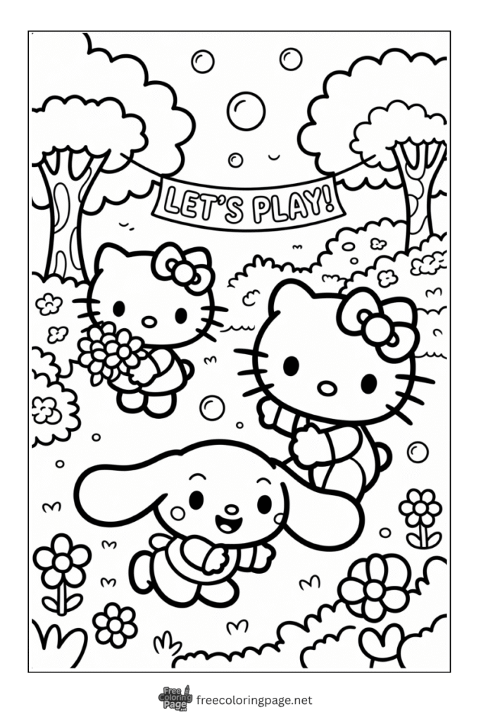 coloring page of hello kitty playing cinnamon roll