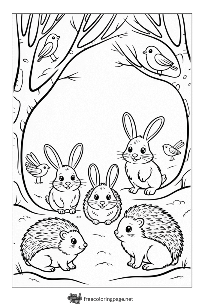 coloring page of winter rabbits porcupine