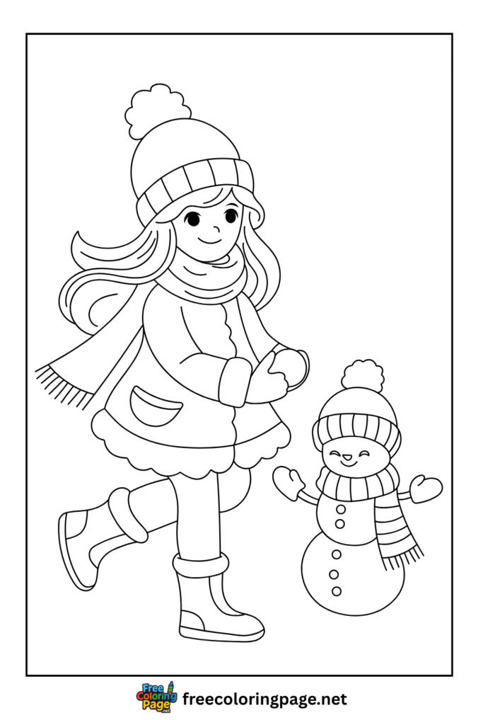 coloring page of christmas snowman with a girl