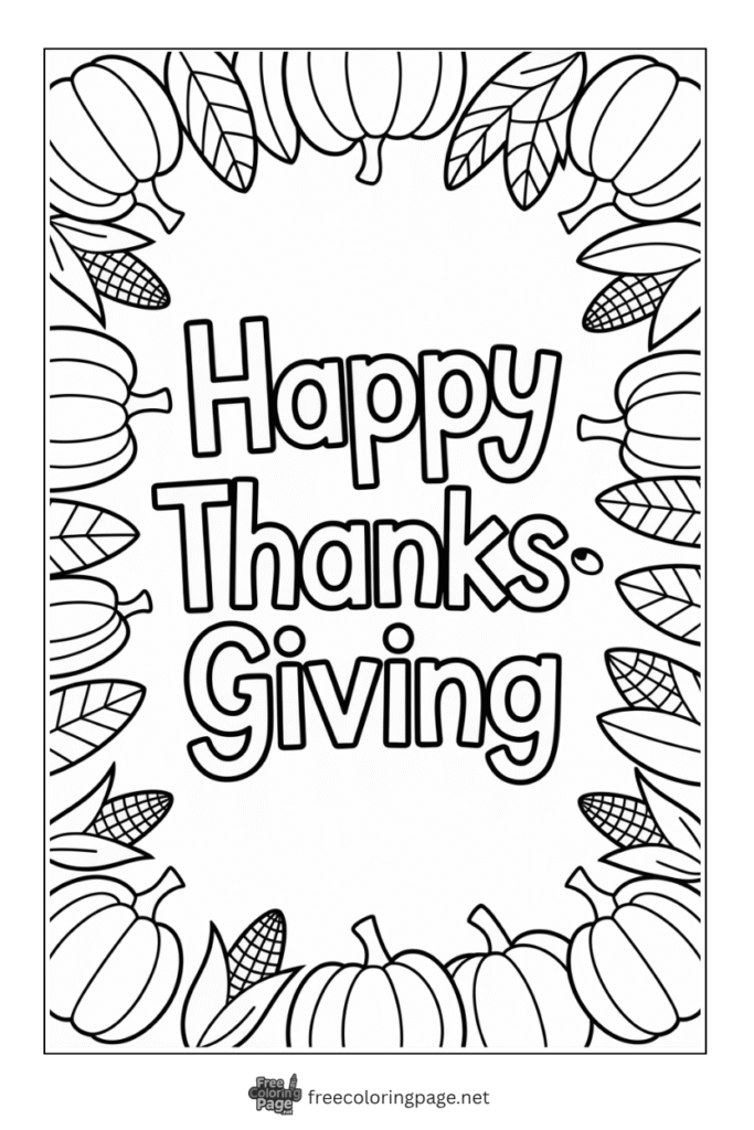 coloring page of thanksgiving words with crops 