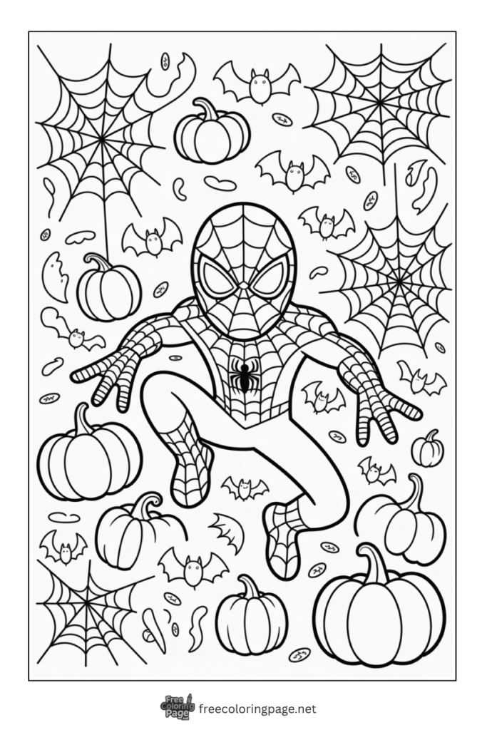 coloring page of spiderman and halloween bats pumpkins and web