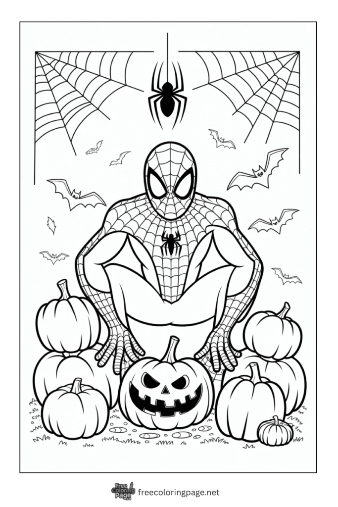 coloring page of spiderman celebrating halloween