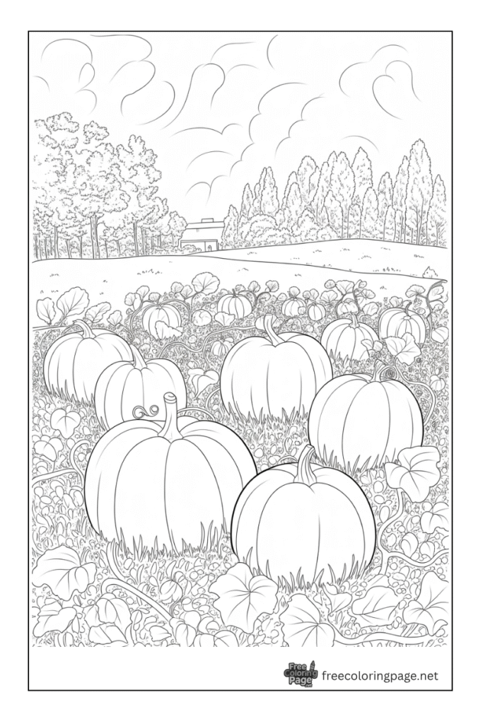 coloring page of autumn field farm
