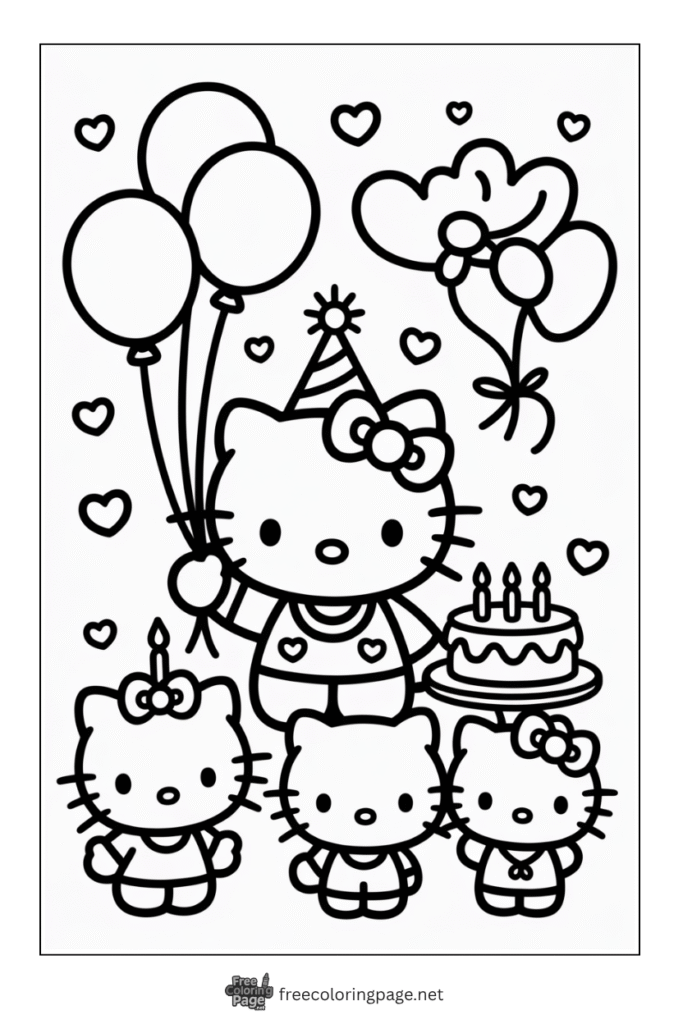 coloring page of hello kitty with friends celebrating birthday