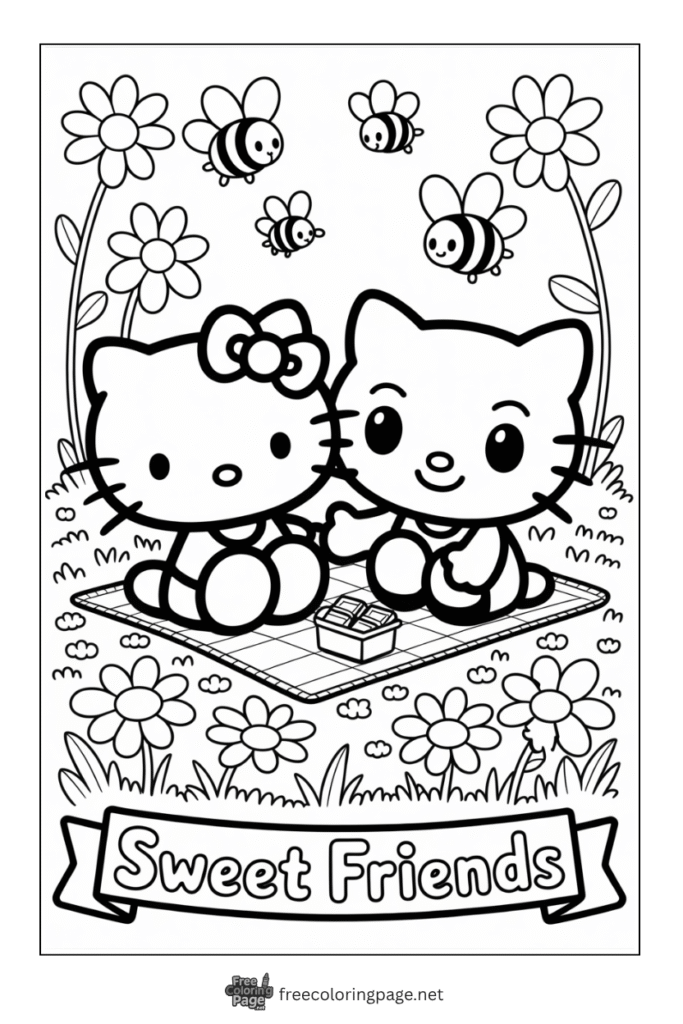 coloring page of hello kitty with chococat and bees in garden