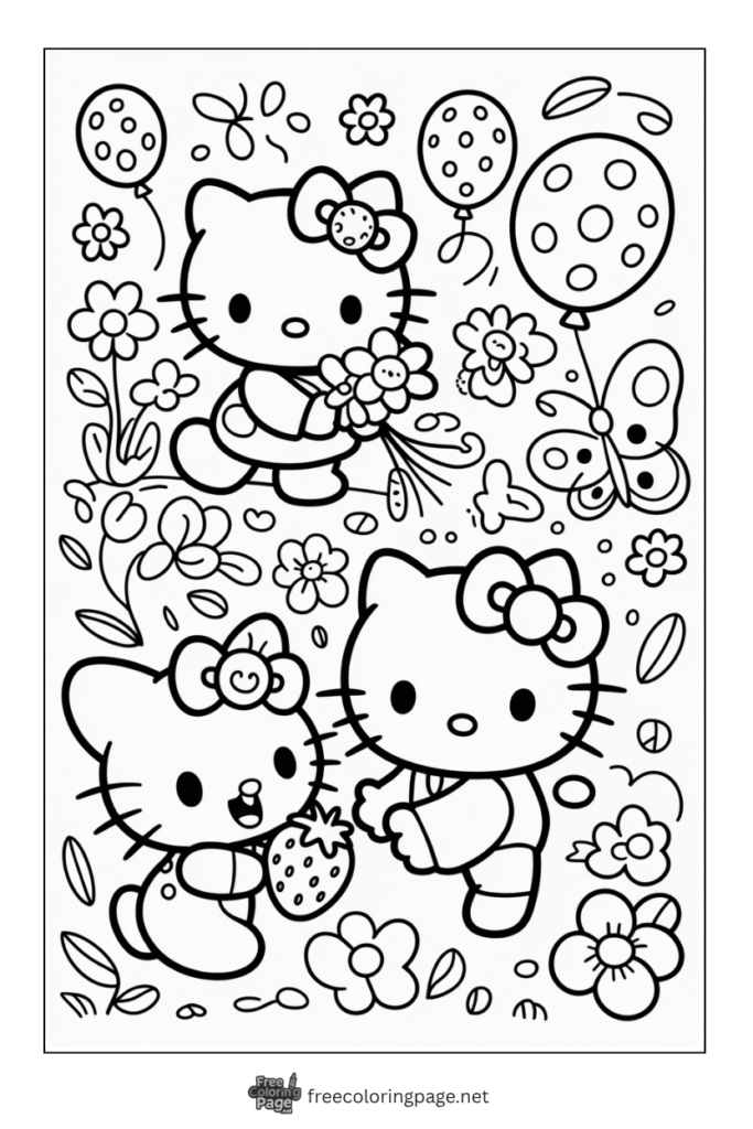 coloring page of hello kitty friends colloecting flowers
