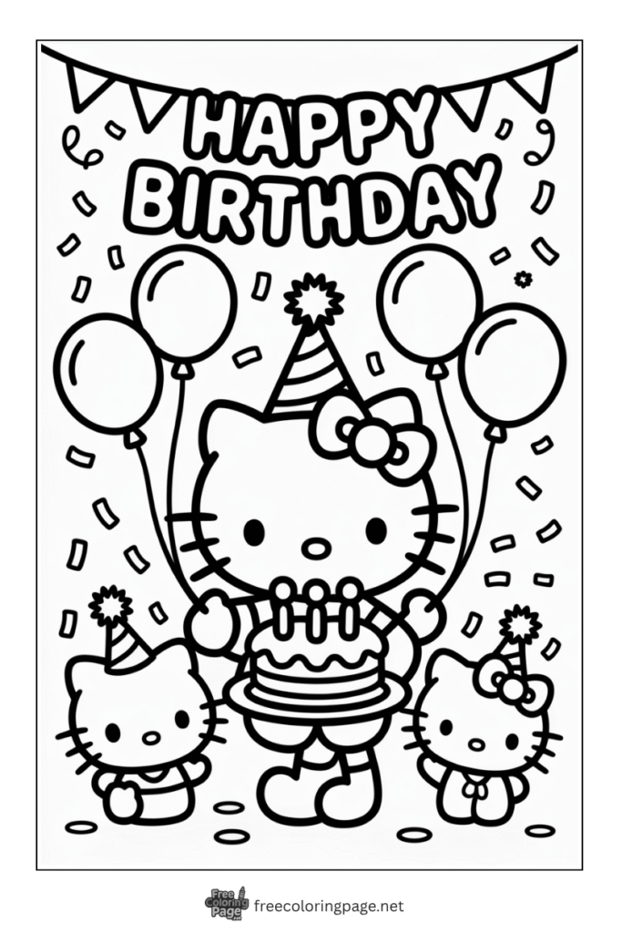 coloring page of hello kitty happy birthday