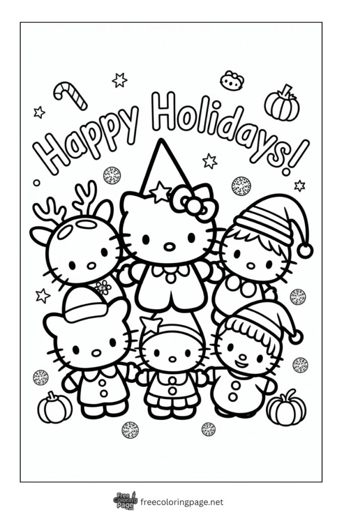 coloring page of hello kitty with friends enjoying happy holidays
