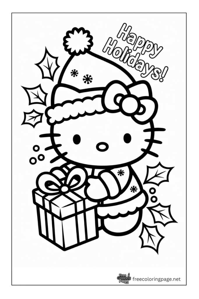 coloring page of christmas celebration by hello kitty with gift