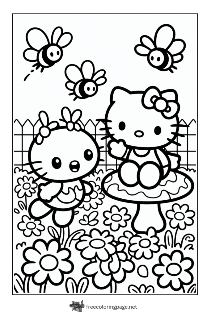 coloring page of hello kitty and badtz maru in garden with honey bees