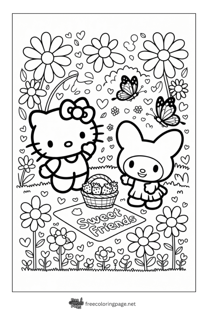 coloring page of hello kitty with kuromi in a garden