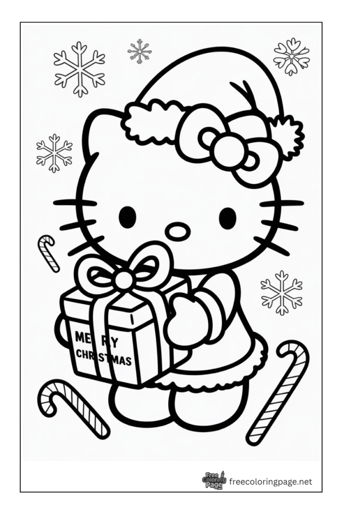 coloring page of christmas giving gifts by hello kitty