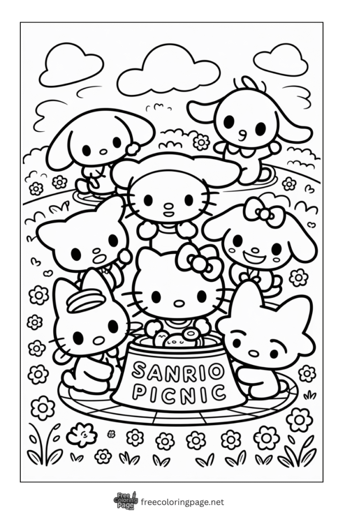 coloring page of hello kitty sanrio picnic with friends