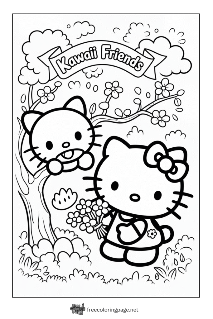 coloring page of hello kitty wiyh chococat on picnic