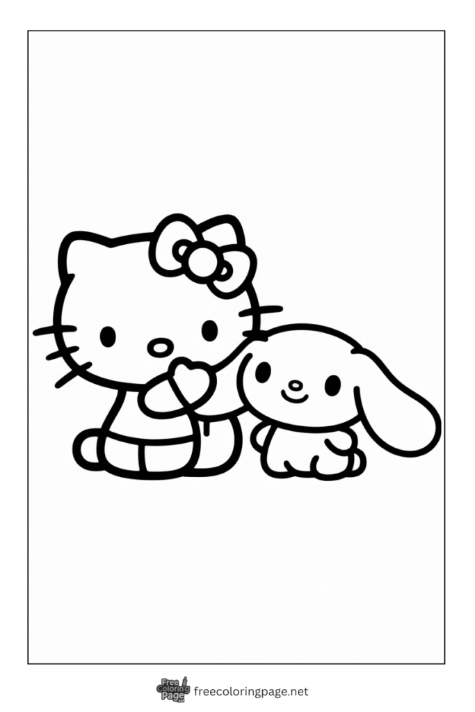 coloring page of hello kitty sitting with cinnamon roll