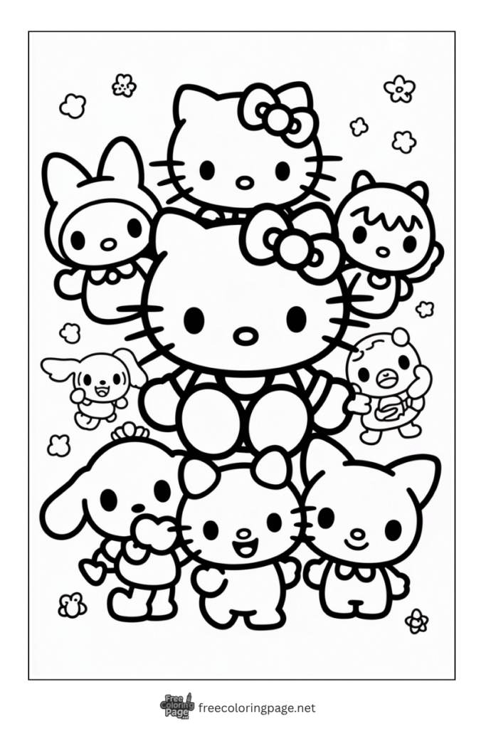 coloring page of hello kitty with friends kuromi my melody kerropi