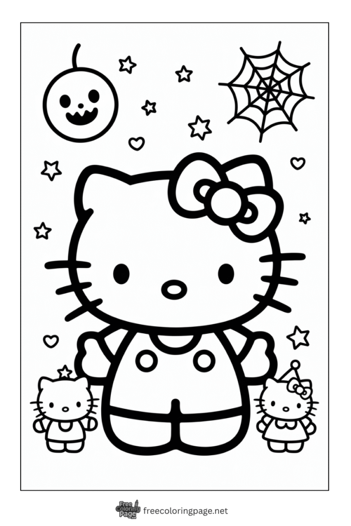 coloring page of hello kitty with halloween spider web