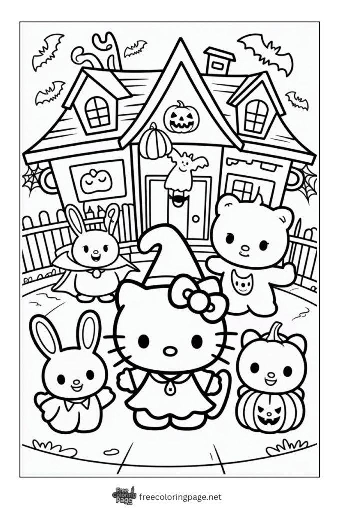 coloring page of hello kitty celebrating halloween with friends