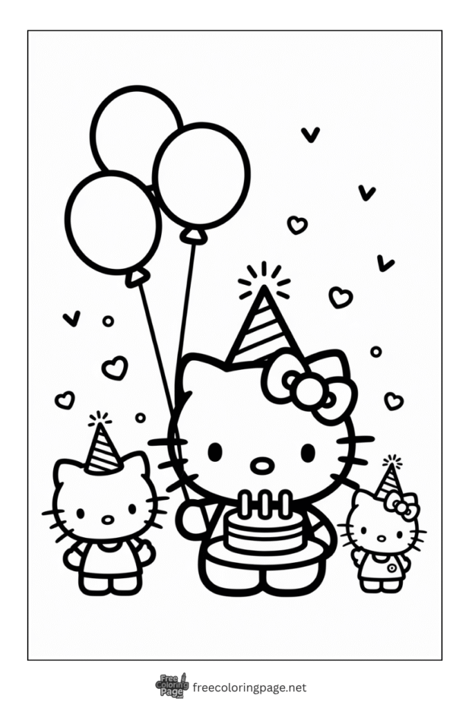 coloring page of hello kitty birthday celebration
