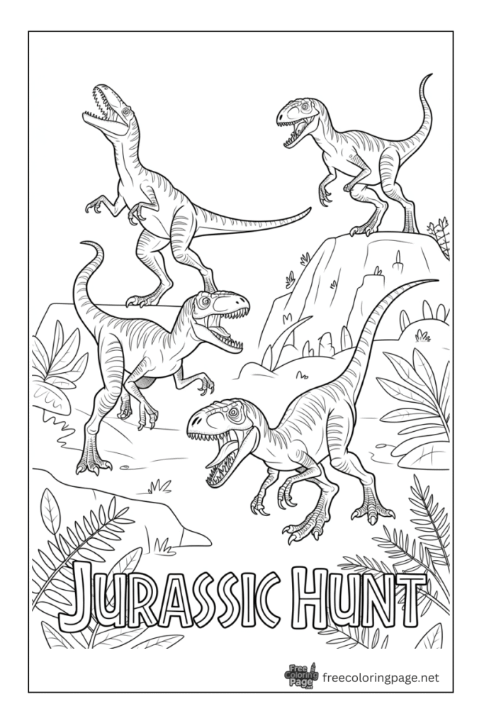 coloring page of velociraptor dinosaur running in jungle