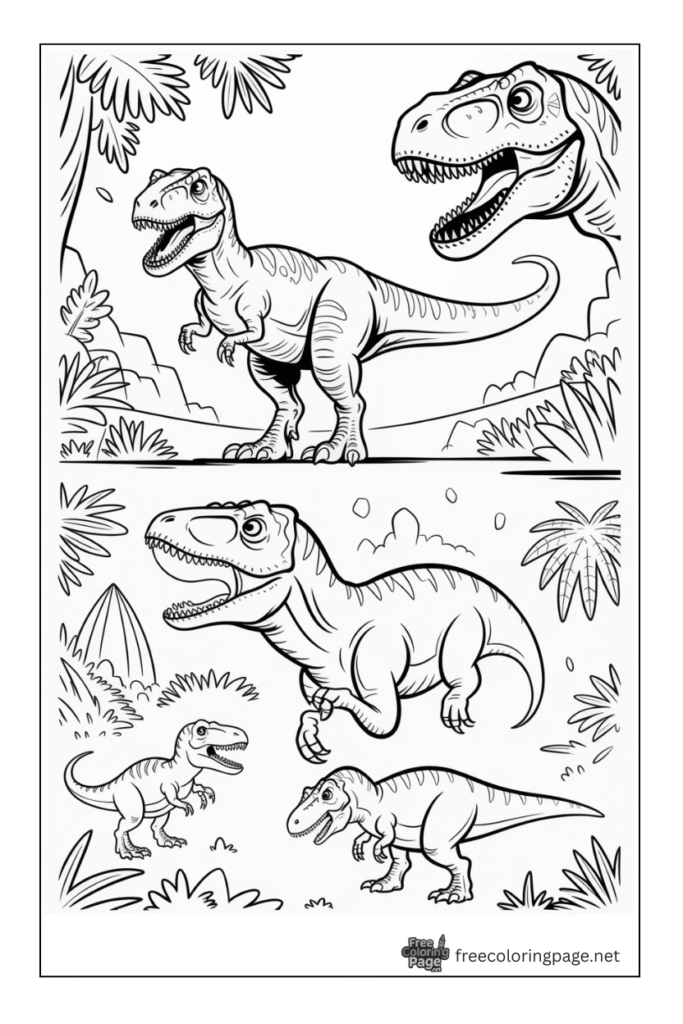 coloring page of jurassic park with different dinosaurs