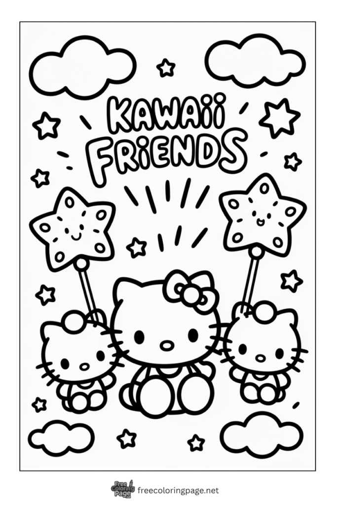 coloring page of hello kitty kawaii friends