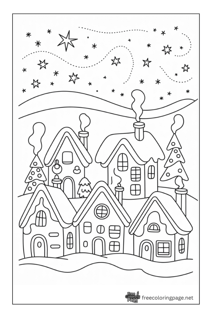 coloring page of christmas houses with smoke rising from them