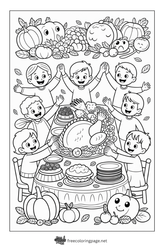 coloring page of thanksgiving dinner with kids