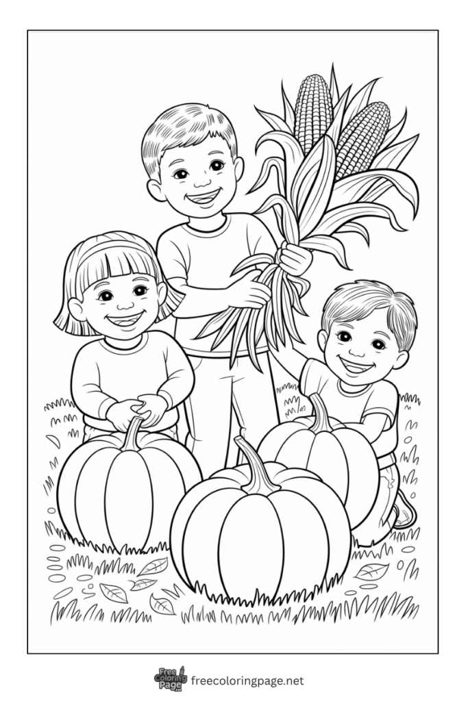 coloring page of thanksgiving kids with farm crops