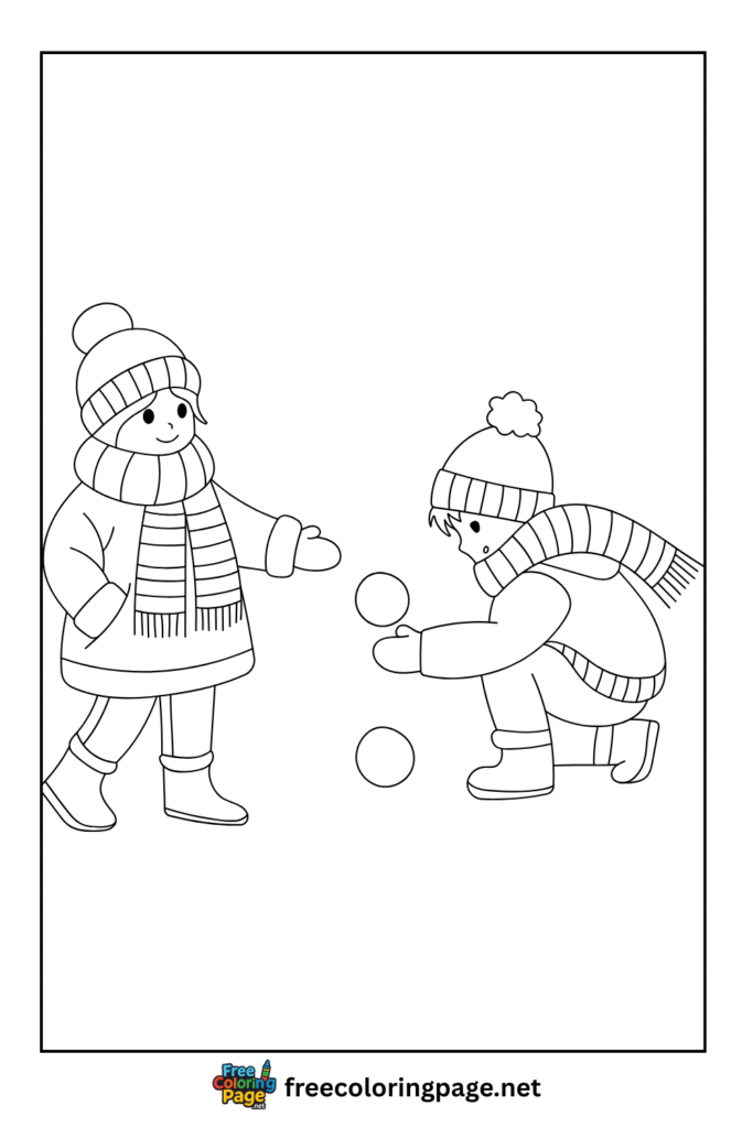 coloring page of kids making snowball