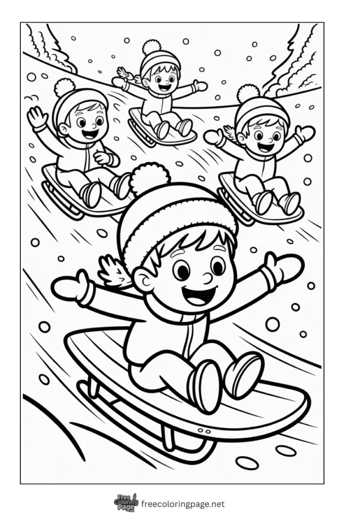 coloring page of winter sledding by kids