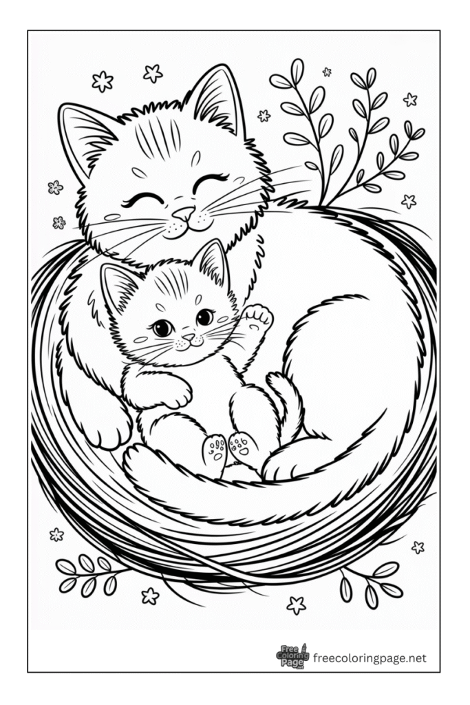 coloring page of cat and kitty cat sitting in a couch