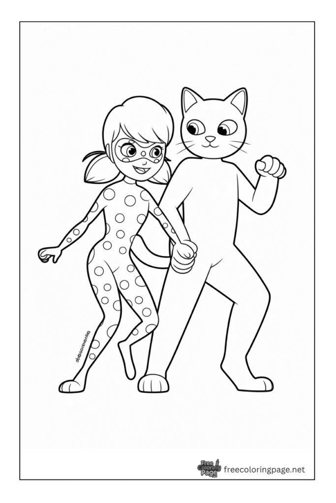 coloring page of cat noire and ladybug holding hands together