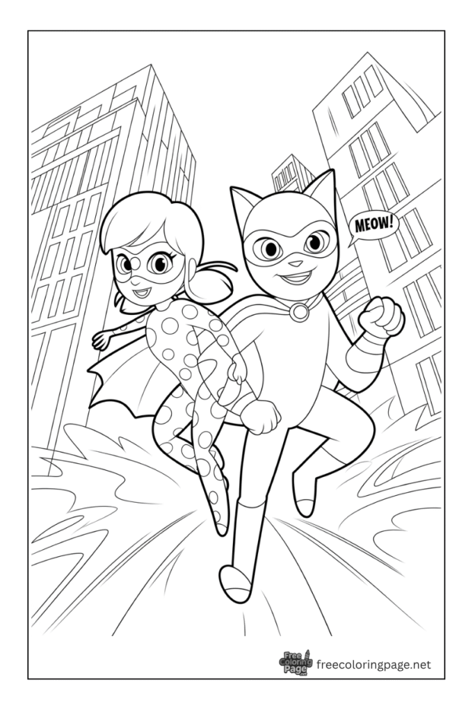 coloring page of cat noir and ladybug running together