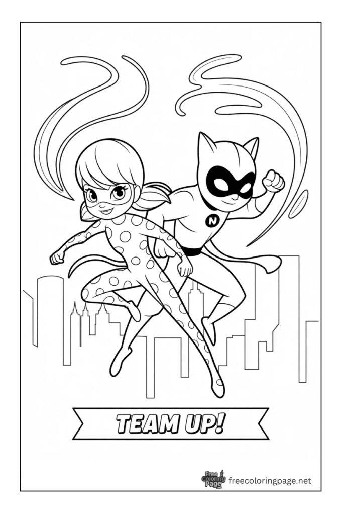coloring page of cat noir and ladybug in cross pose