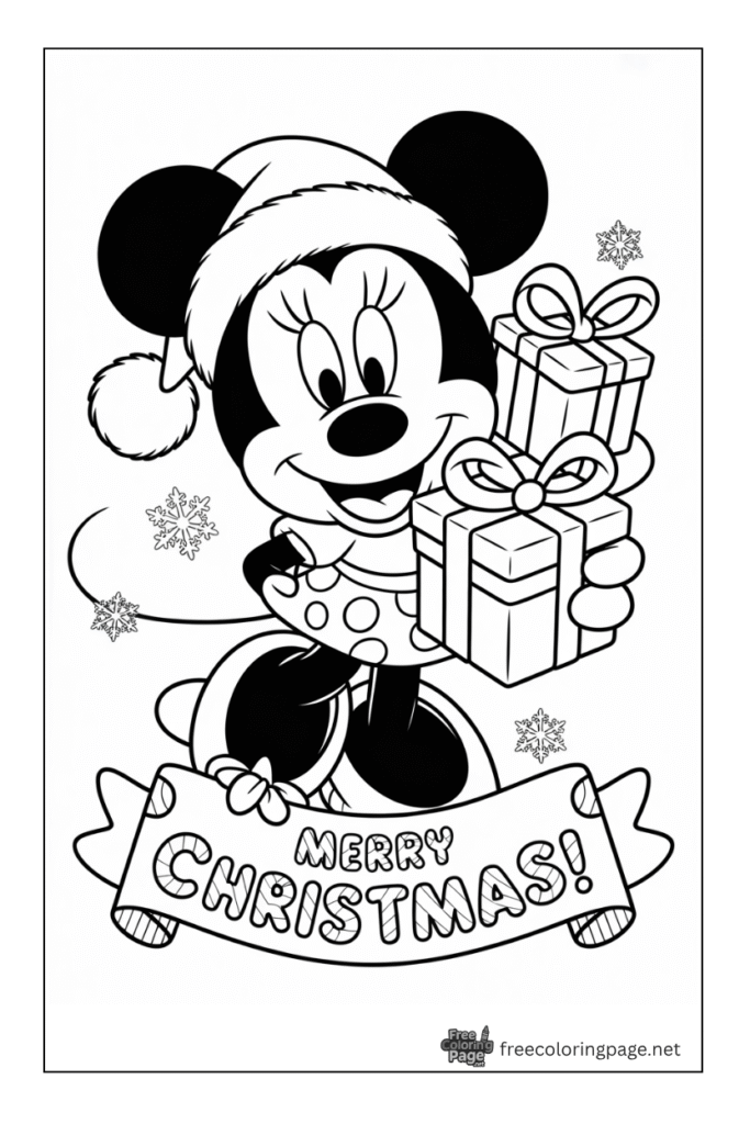 coloring page of minnie mouse with christmas gifts