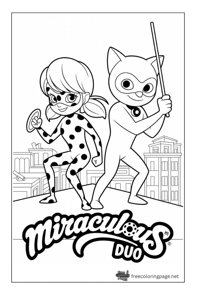 coloring page of ladybug and noir cat together