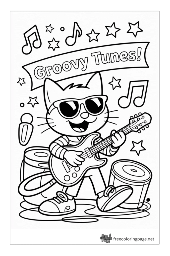 coloring page of pete cat rocking the music band and guitar