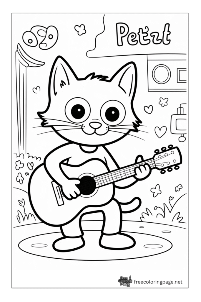 coloring page of pete the cat with guitar