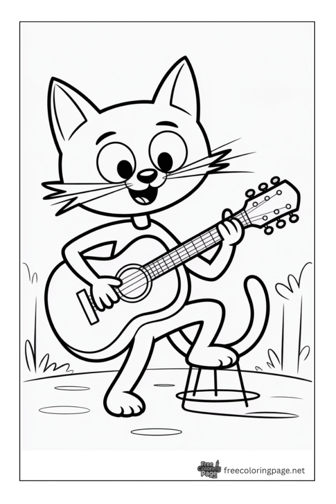 coloring page of pete cat with guitar and one leg on chair