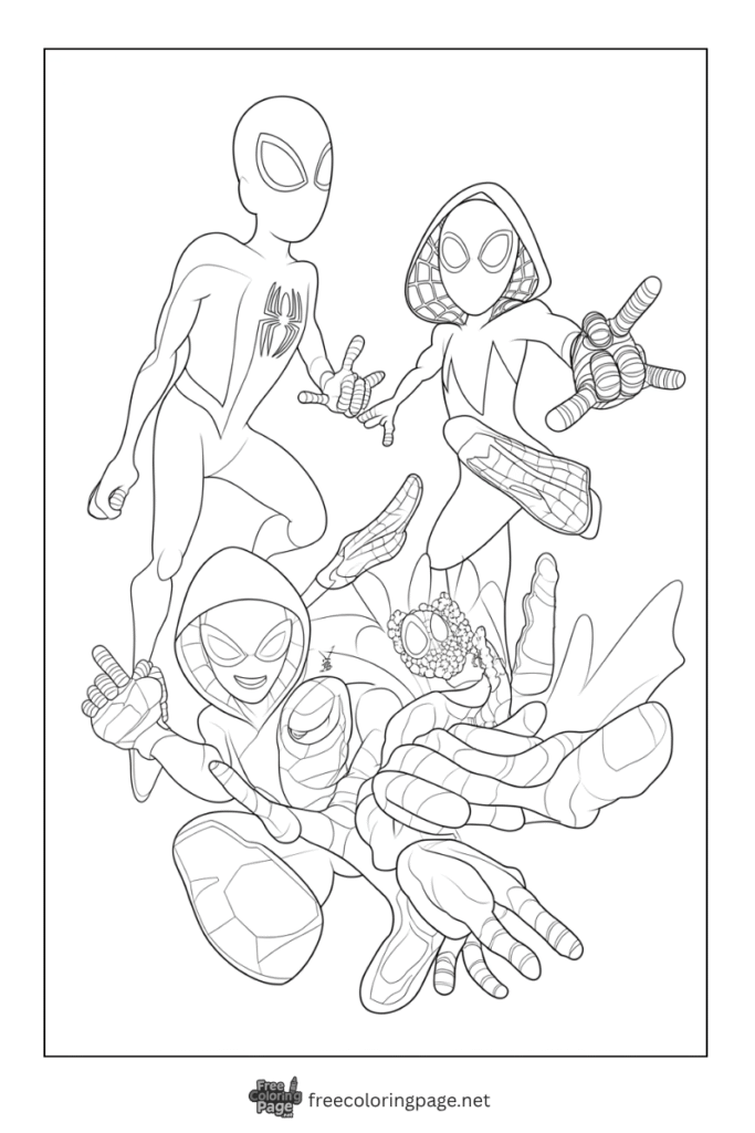 coloring page of spiderman and verse team simple image