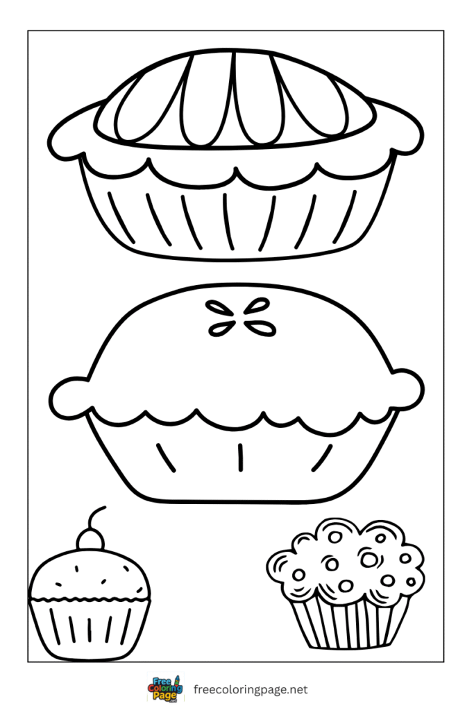 coloring page of thanksgiving pie and cupcakes