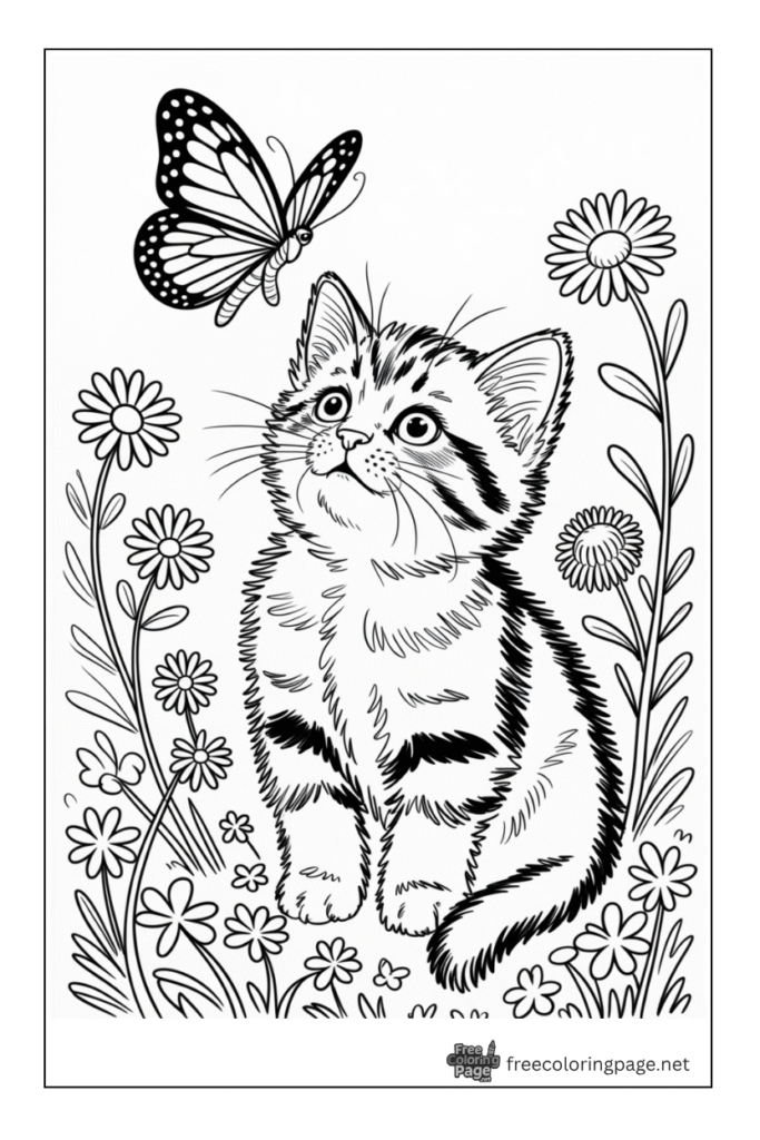 coloring page of cat sitting on grass with looking at butterfly