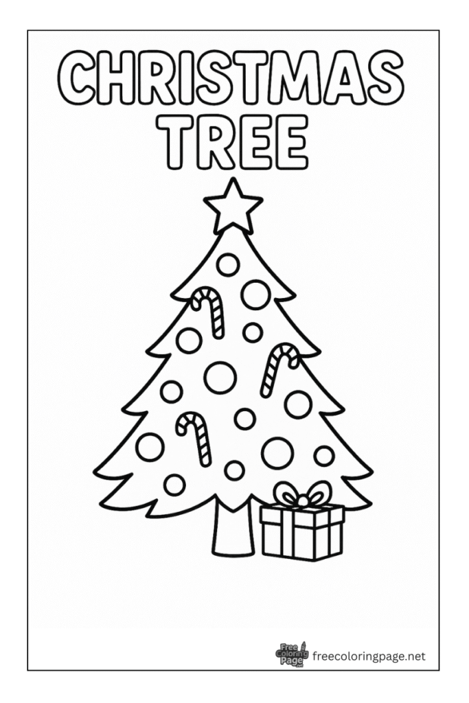 coloring page of christmas tree and gift simple