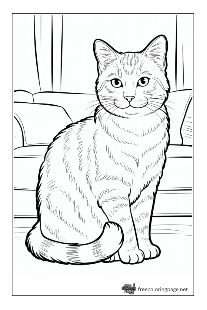 coloring page of cat siiting in front of sofa